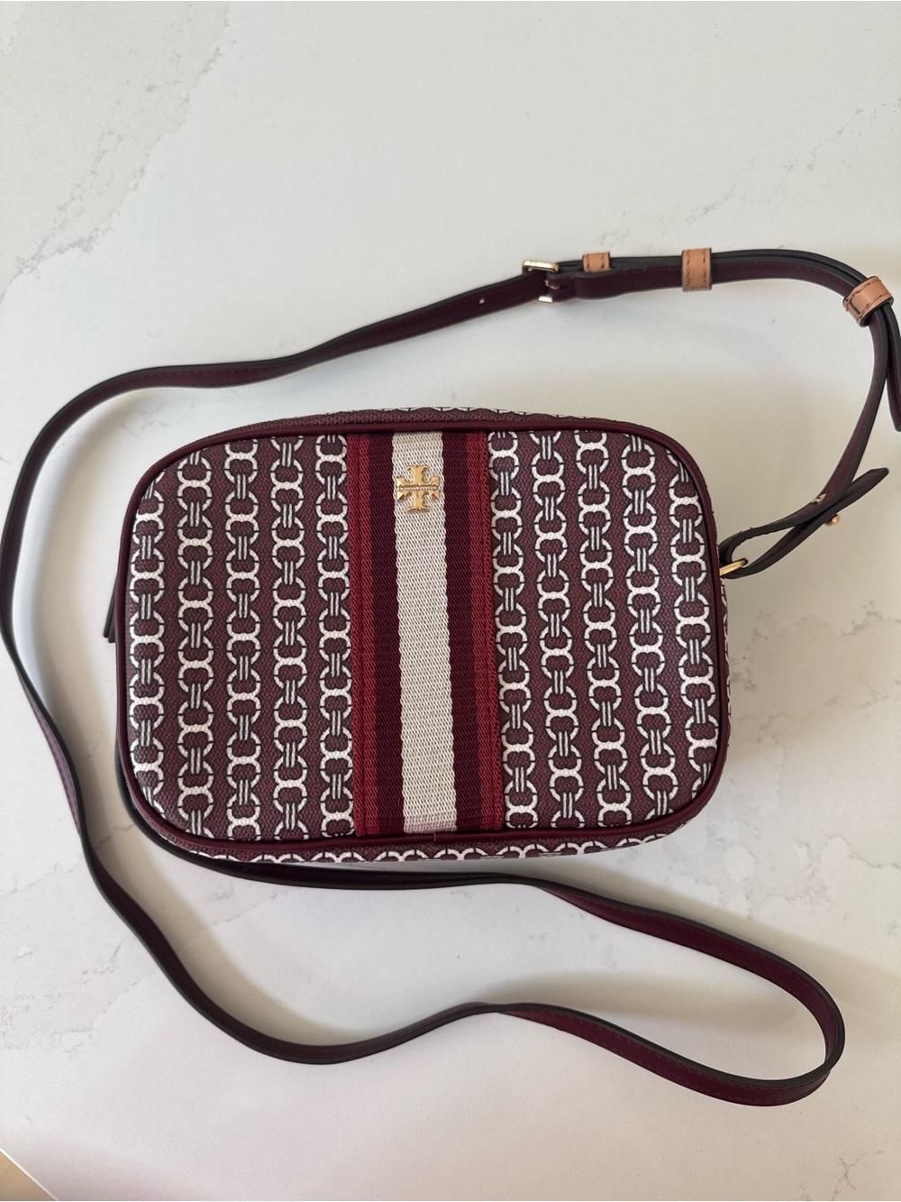 Tory Burch Burgundy and Cream Logo Stripe Crossbody Bag